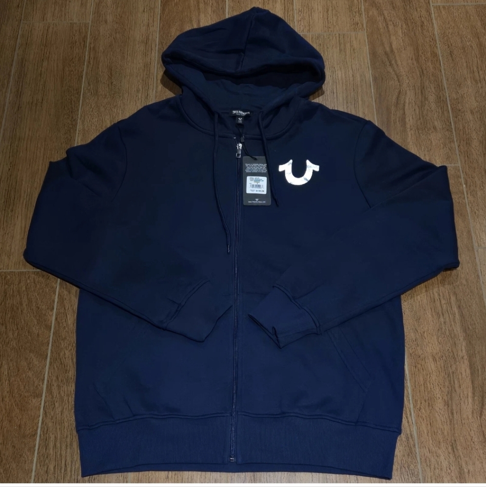 NWT True Religion Men's Size Large City Buddha Full Zip Hoodie 700145 Blue $119
